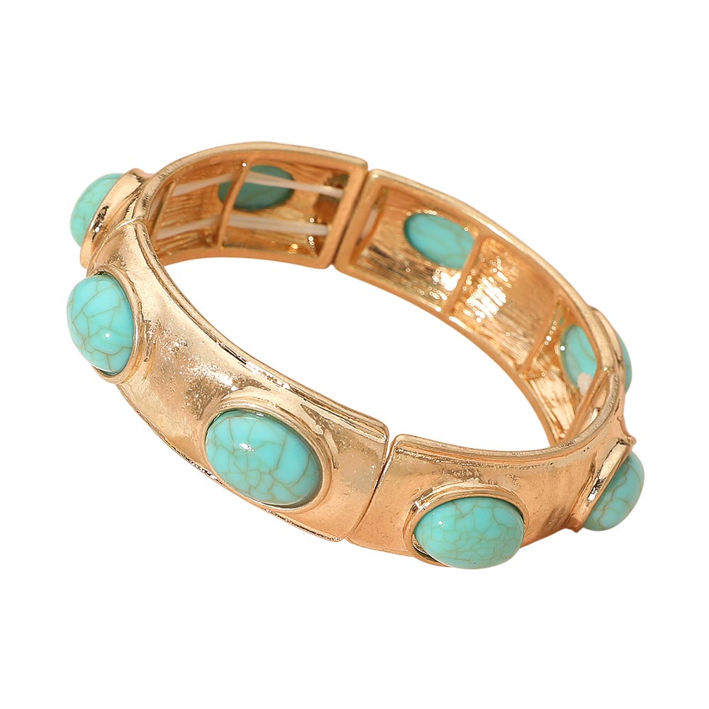 Marbled Oval Stone Accent Hammered Metal Beaded Stretch Bracelet