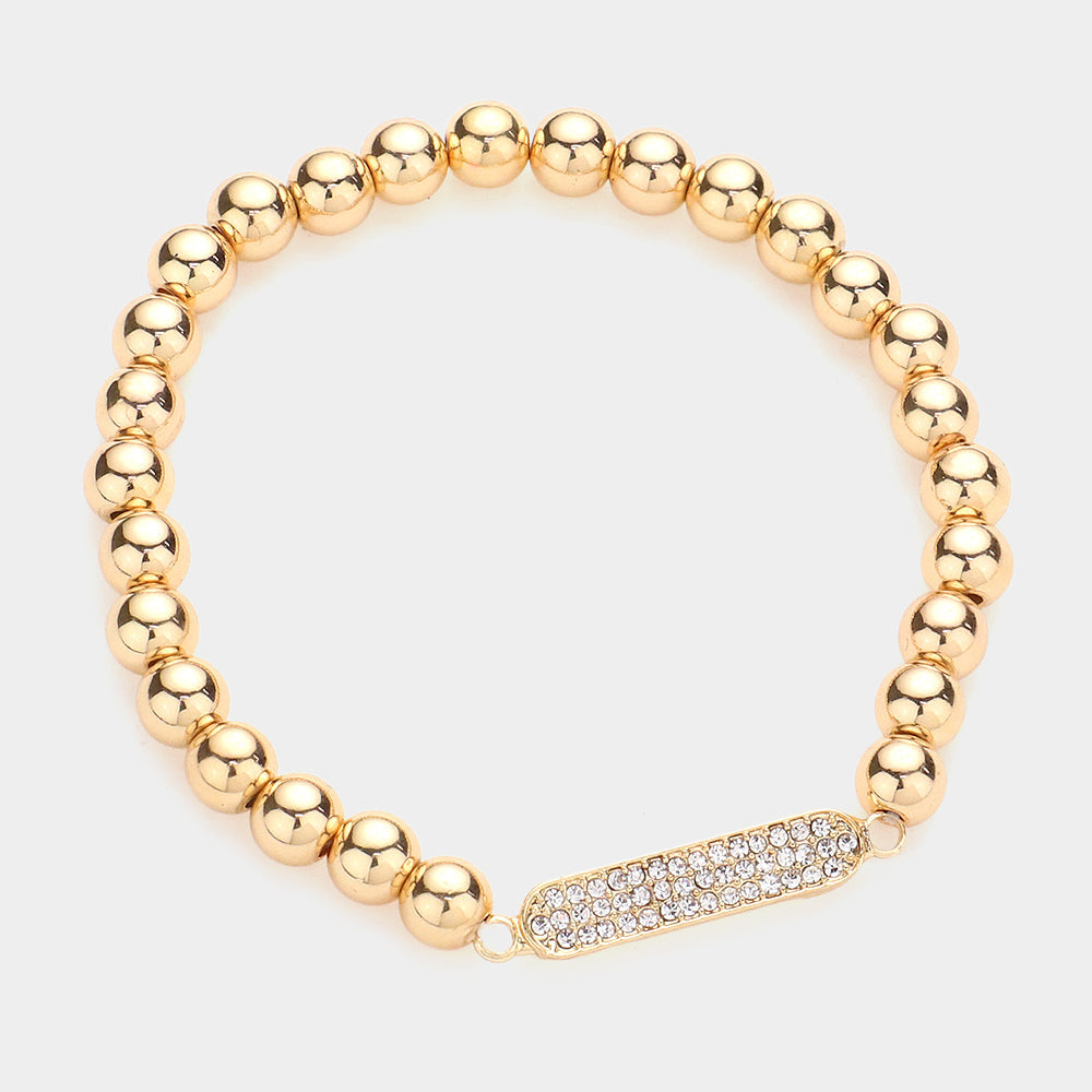 Rhinestone Pave Oval Accented Metal Ball Stretch Bracelet