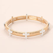 Hammered Brushed Metal Cross Accent Stretch Bracelet