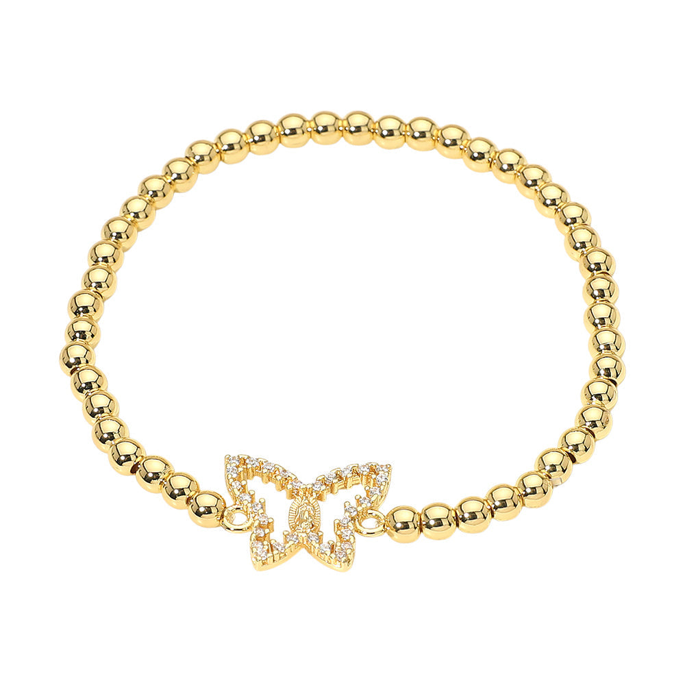 Stainless Steel CZ Stone Paved Butterfly Charm Beaded Stretch Bracelet