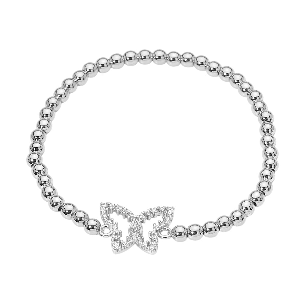 Stainless Steel CZ Stone Paved Butterfly Charm Beaded Stretch Bracelet