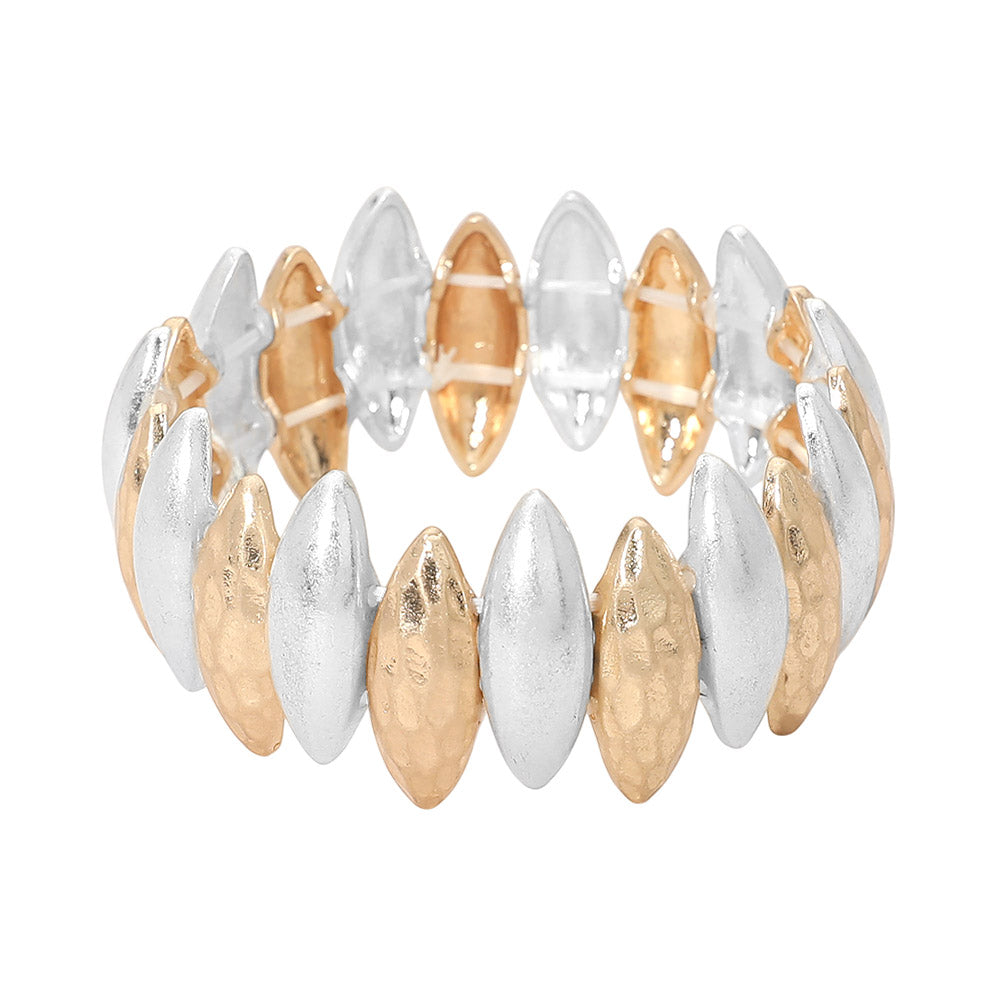 Bold Hammered Metal Marquise Beaded Stretch Bracelet