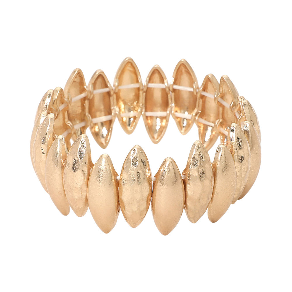 Bold Hammered Metal Marquise Beaded Stretch Bracelet