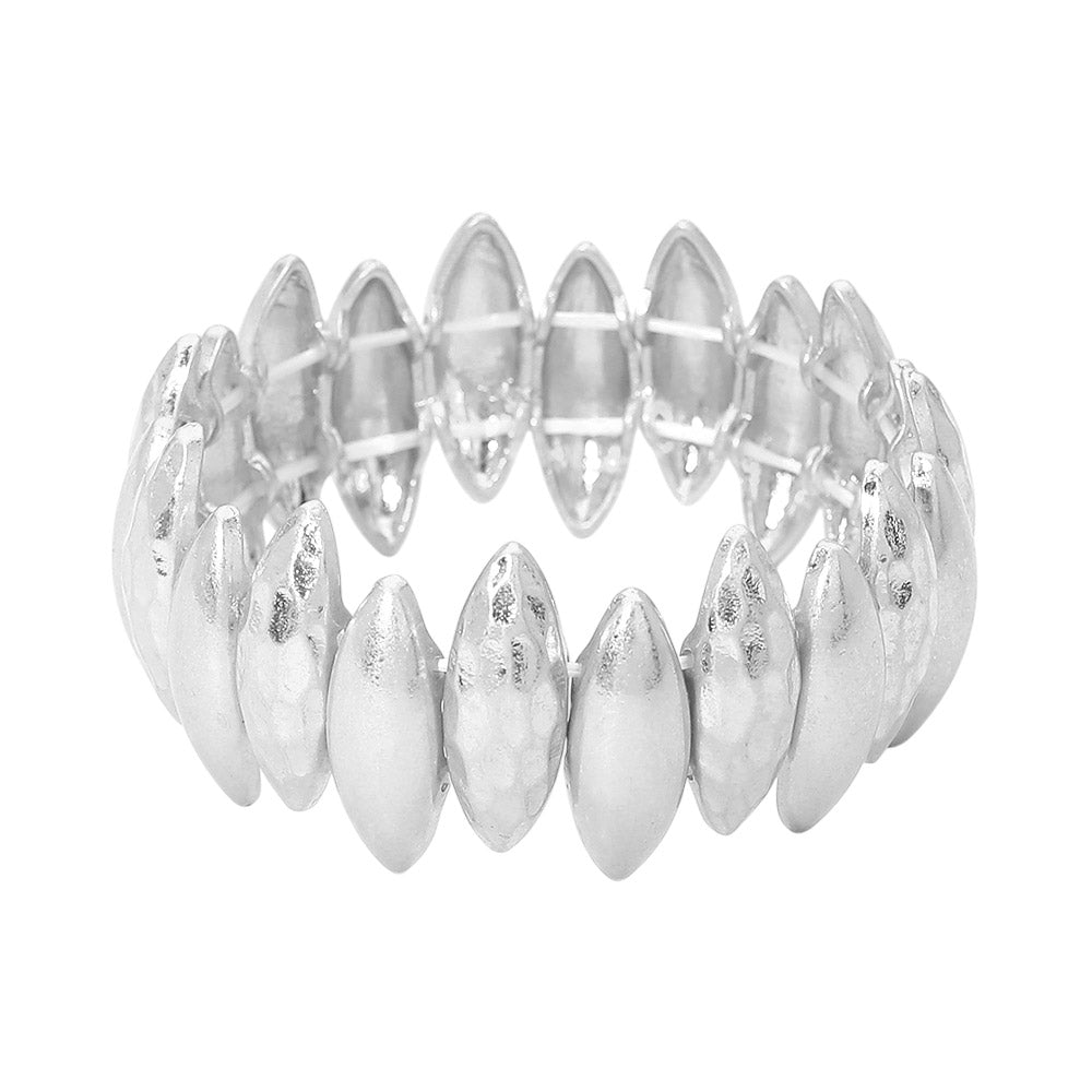 Bold Hammered Metal Marquise Beaded Stretch Bracelet