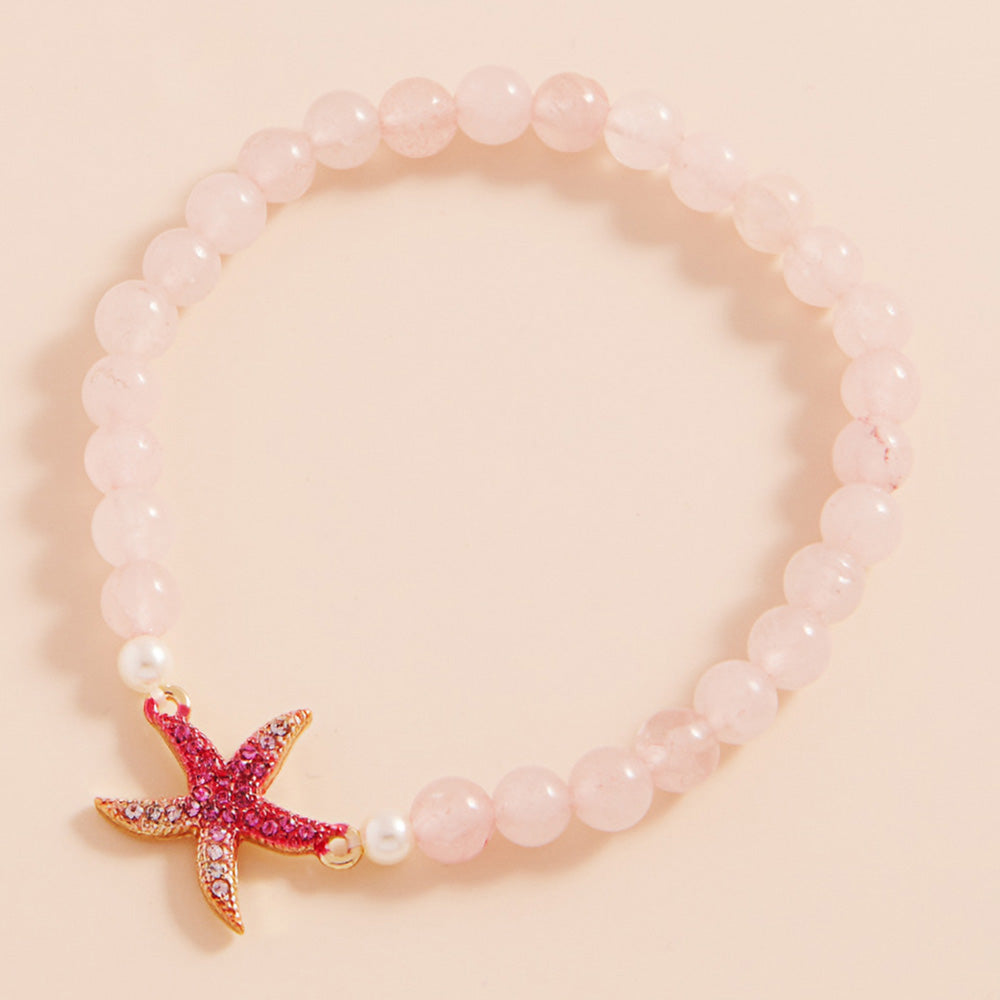 Stone Paved Colored Metal Starfish Faceted Beaded Stretch Bracelet
