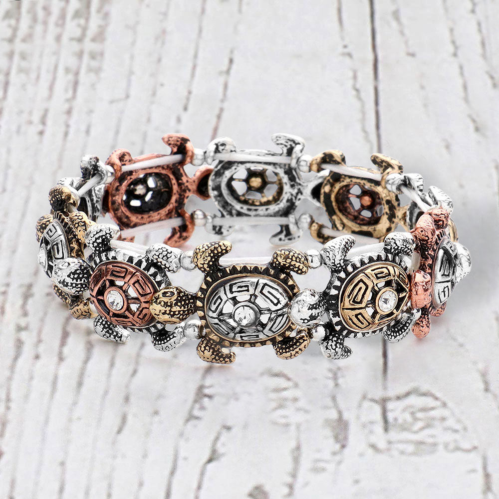 Antique Metal Stone Centered Turtle Link Stretch Bracelet