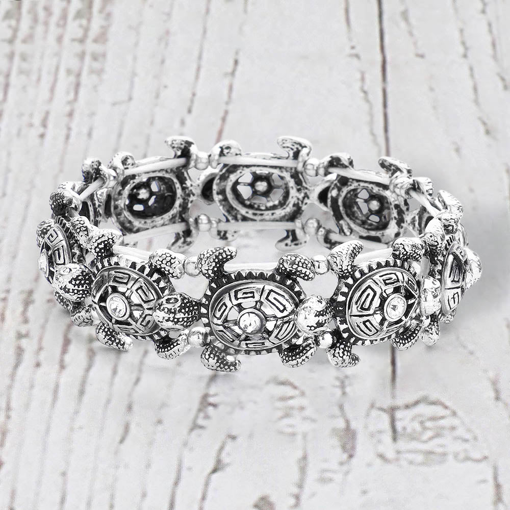 Antique Metal Stone Centered Turtle Link Stretch Bracelet