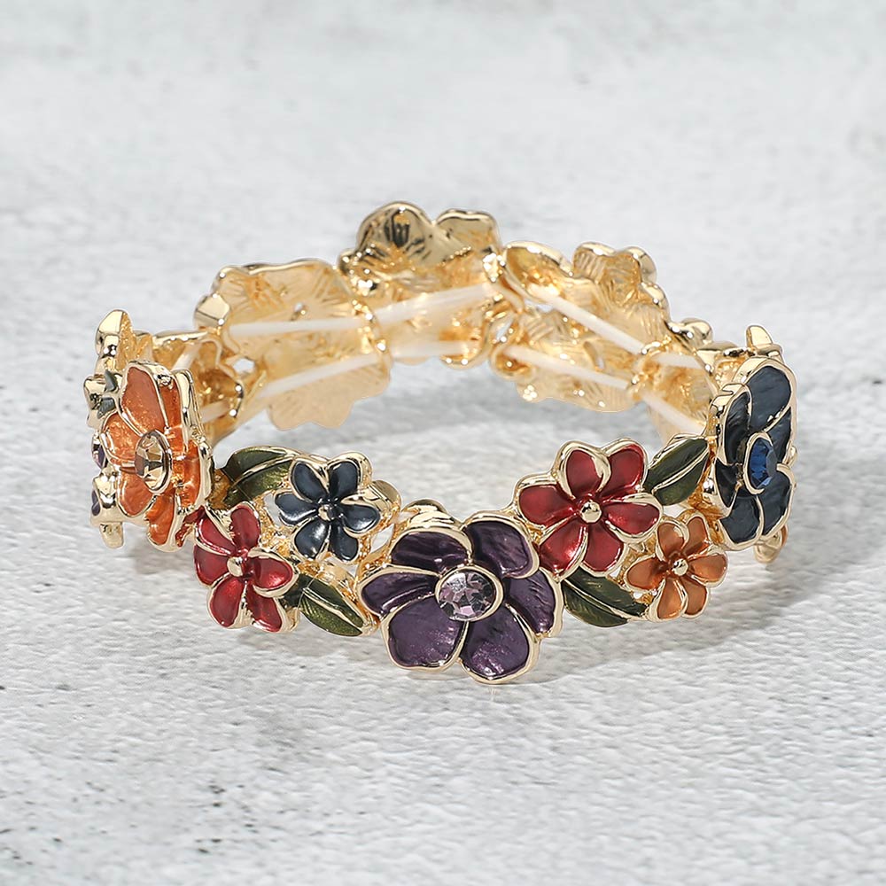 Stone Center Floral Enamel Stretch Bracelet
