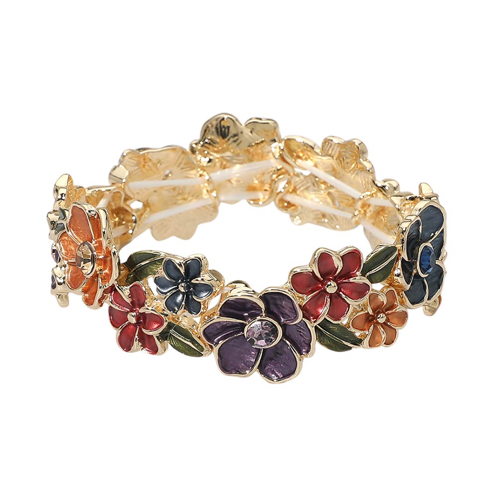 Stone Center Floral Enamel Stretch Bracelet