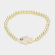 Brass Metal Ball CZ Hamsa Hand Enamel Evil Eye Charm Stretch Bracelet