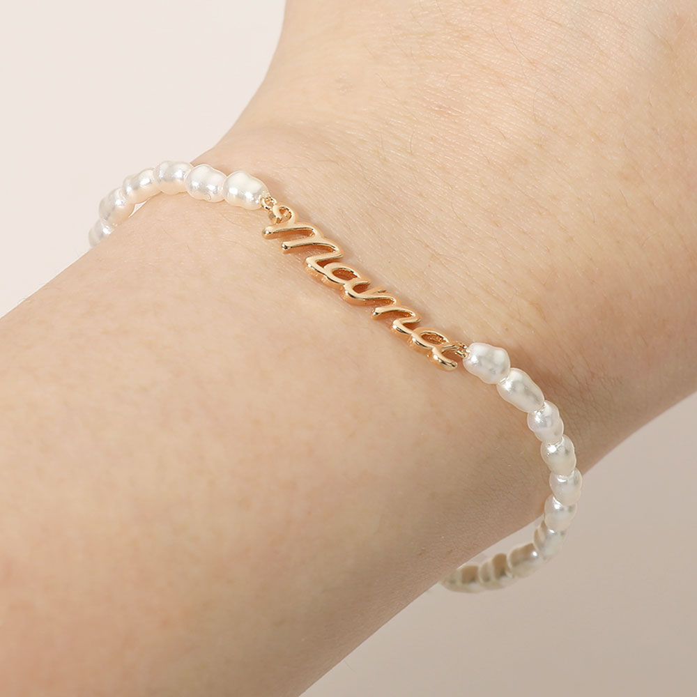 MAMA Script Plate Pearl Beaded Stretch Bracelet