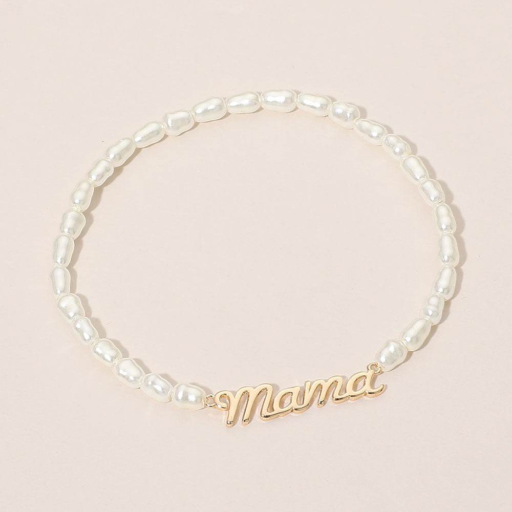 MAMA Script Plate Pearl Beaded Stretch Bracelet