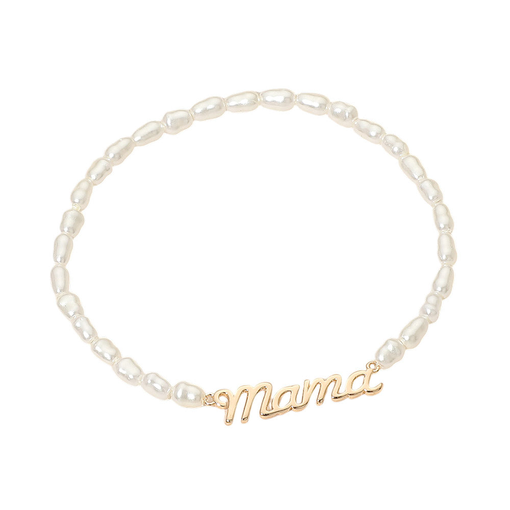 MAMA Script Plate Pearl Beaded Stretch Bracelet