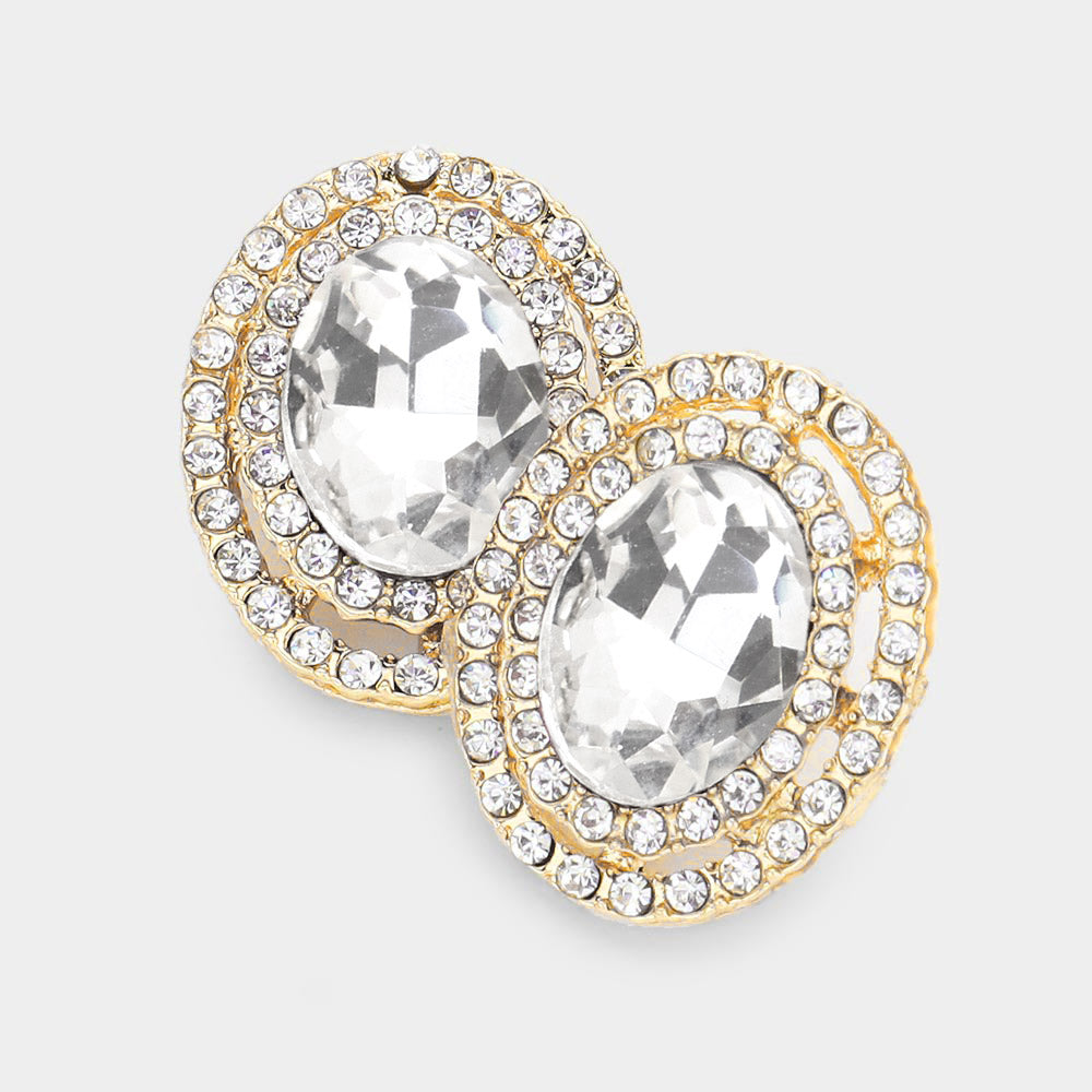 Rhinestone Trim Oval Stone Stud Evening Earrings