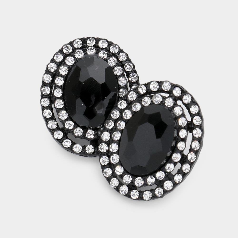 Rhinestone Trim Oval Stone Stud Evening Earrings