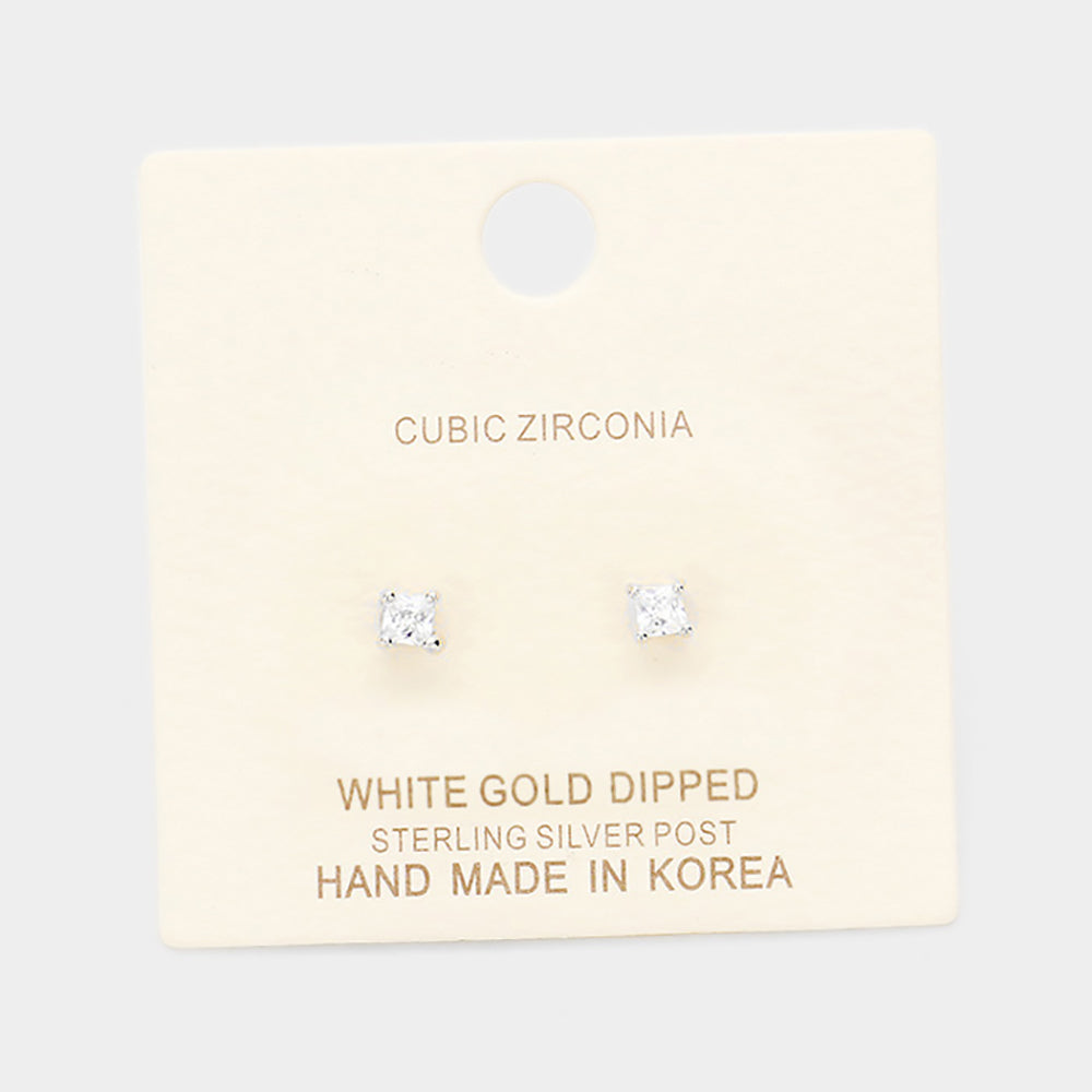 White Gold Dipped 3mm Cubic Zirconia Square Stud Earrings
