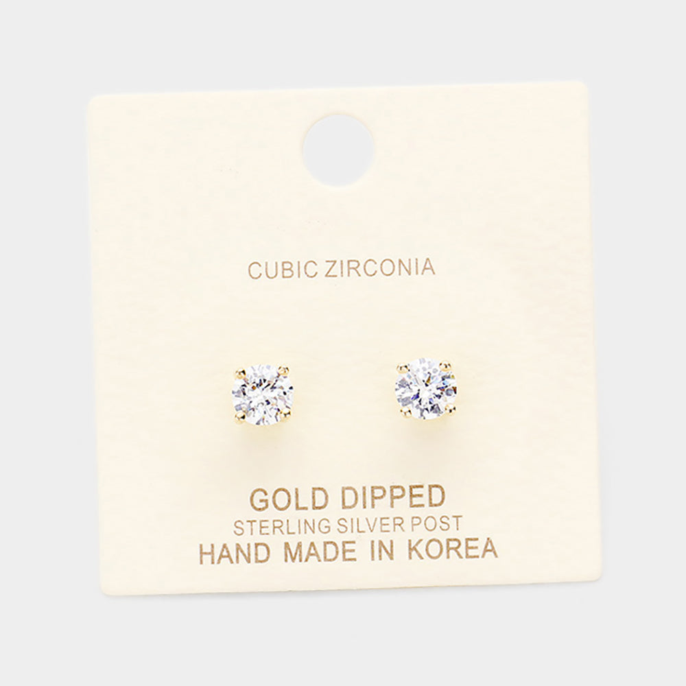 Gold Dipped 6mm Cubic Zirconia Round Stud Earrings