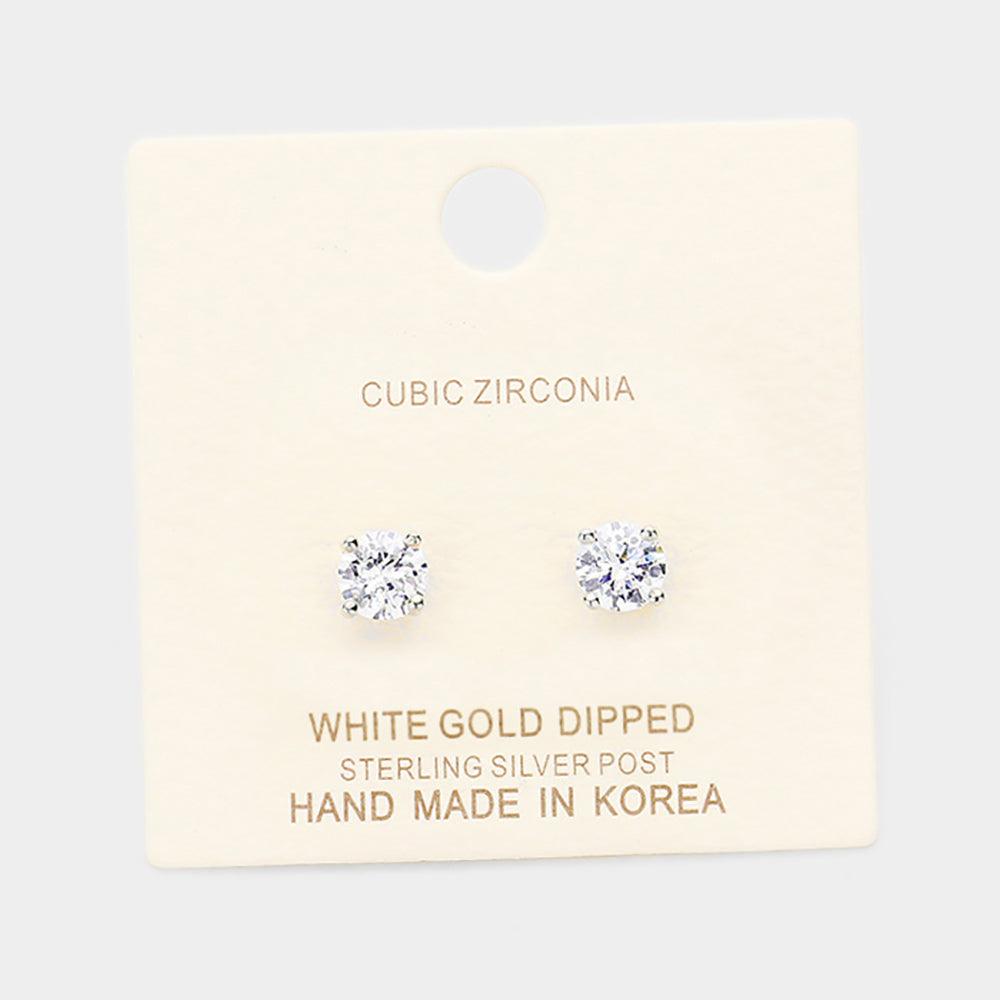 White Gold Dipped 6mm Cubic Zirconia Round Stud Earrings