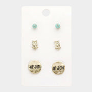 3Pairs - Turquoise Owl Wisdom Message Stud Earrings
