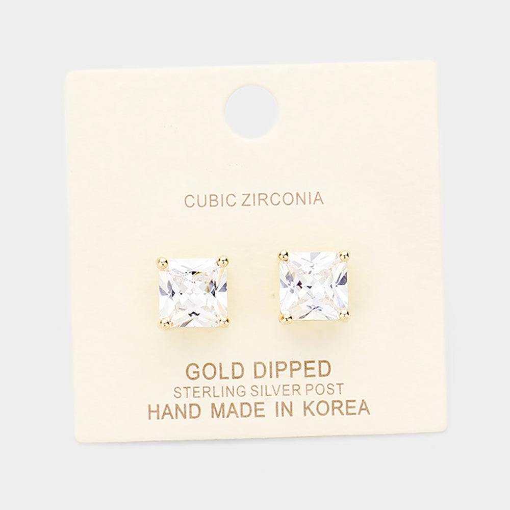 Gold Dipped 9mm Cubic Zirconia Square Stud Earrings