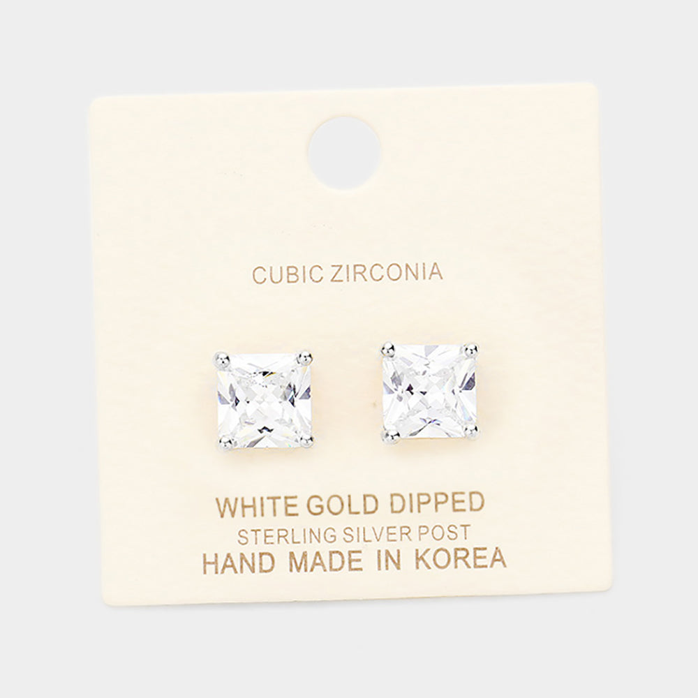 White Gold Dipped 9mm Cubic Zirconia Square Stud Earrings