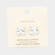 White Gold Dipped 9mm Cubic Zirconia Square Stud Earrings