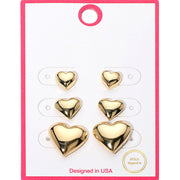 3Pairs - Gold Dipped Graduated Size Metal Puffy Heart Stud Earrings