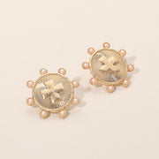 Pearl Bead Round Vintage Cross Embossed Round Stud Earrings