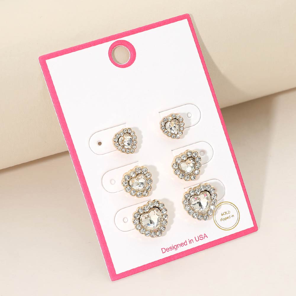 3Pairs - Gold Dipped Heart Halo Stud Earring Set