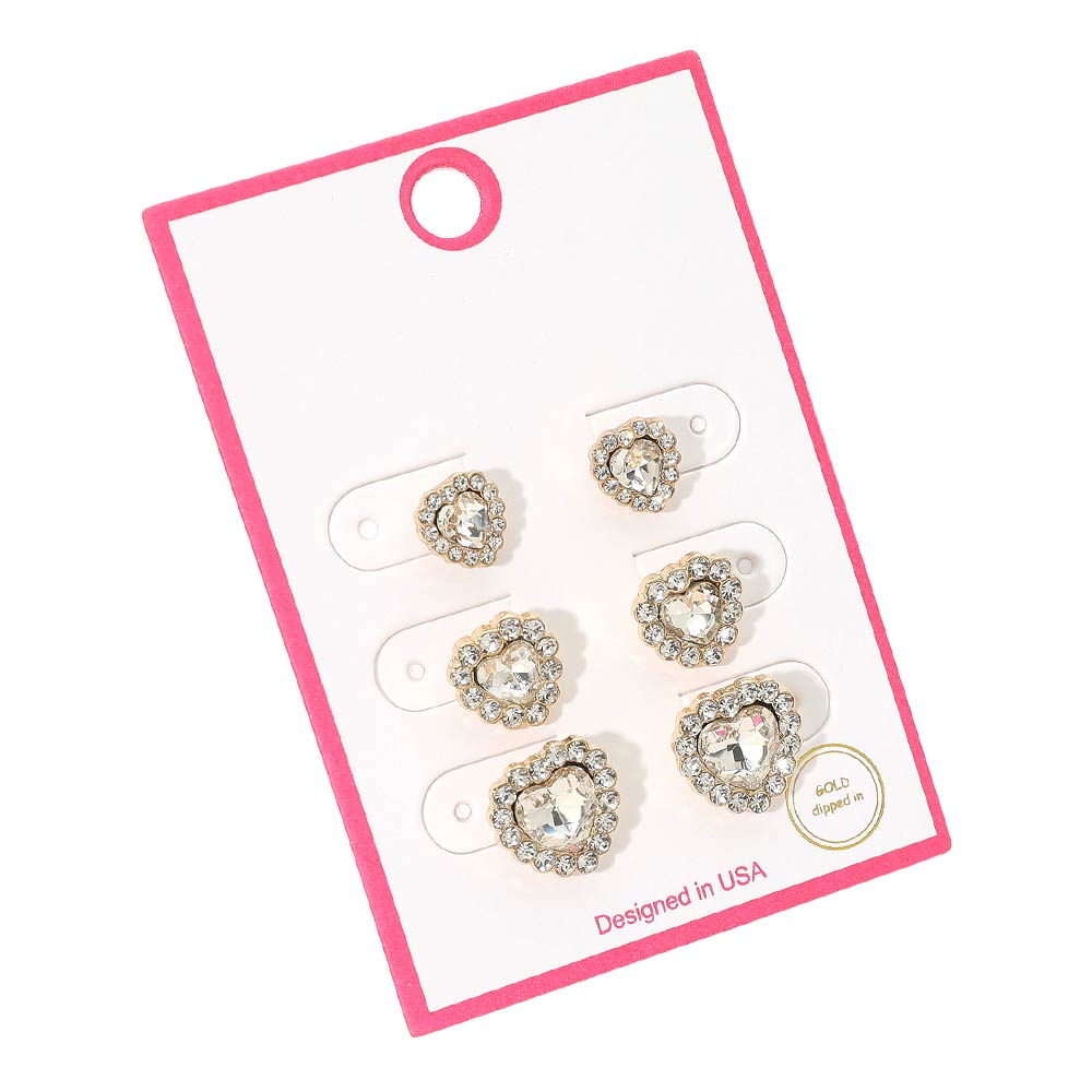 3Pairs - Gold Dipped Heart Halo Stud Earring Set