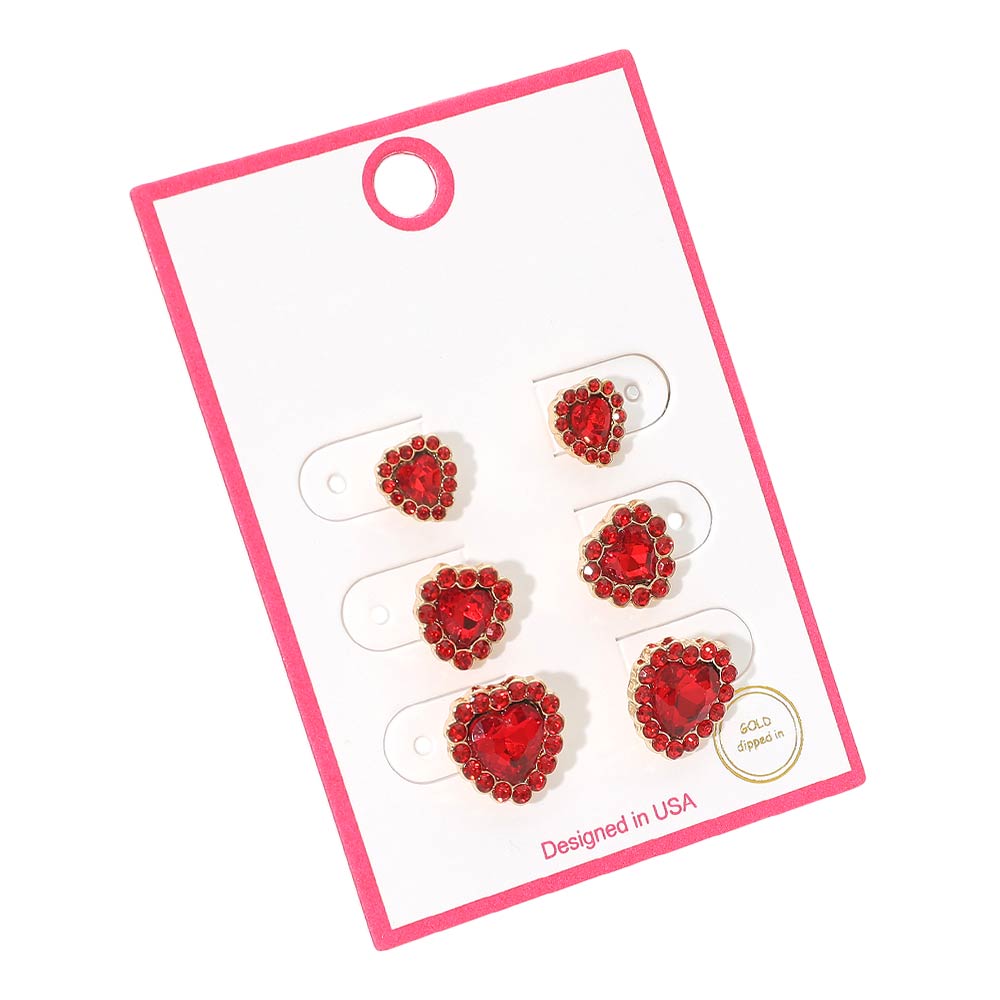 3Pairs - Gold Dipped Heart Halo Stud Earring Set