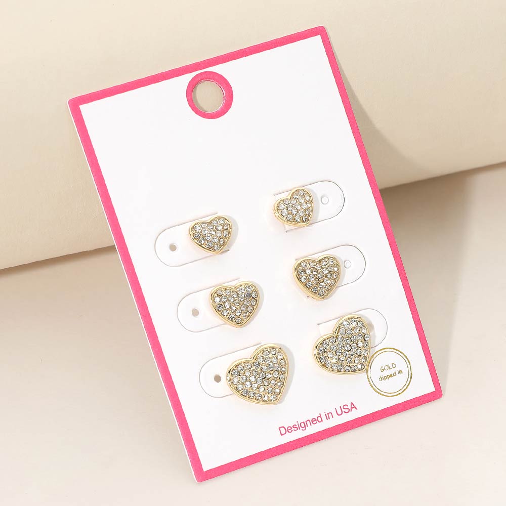 3Pairs - Gold Dipped Stone Pave Heart Stud Earring Set