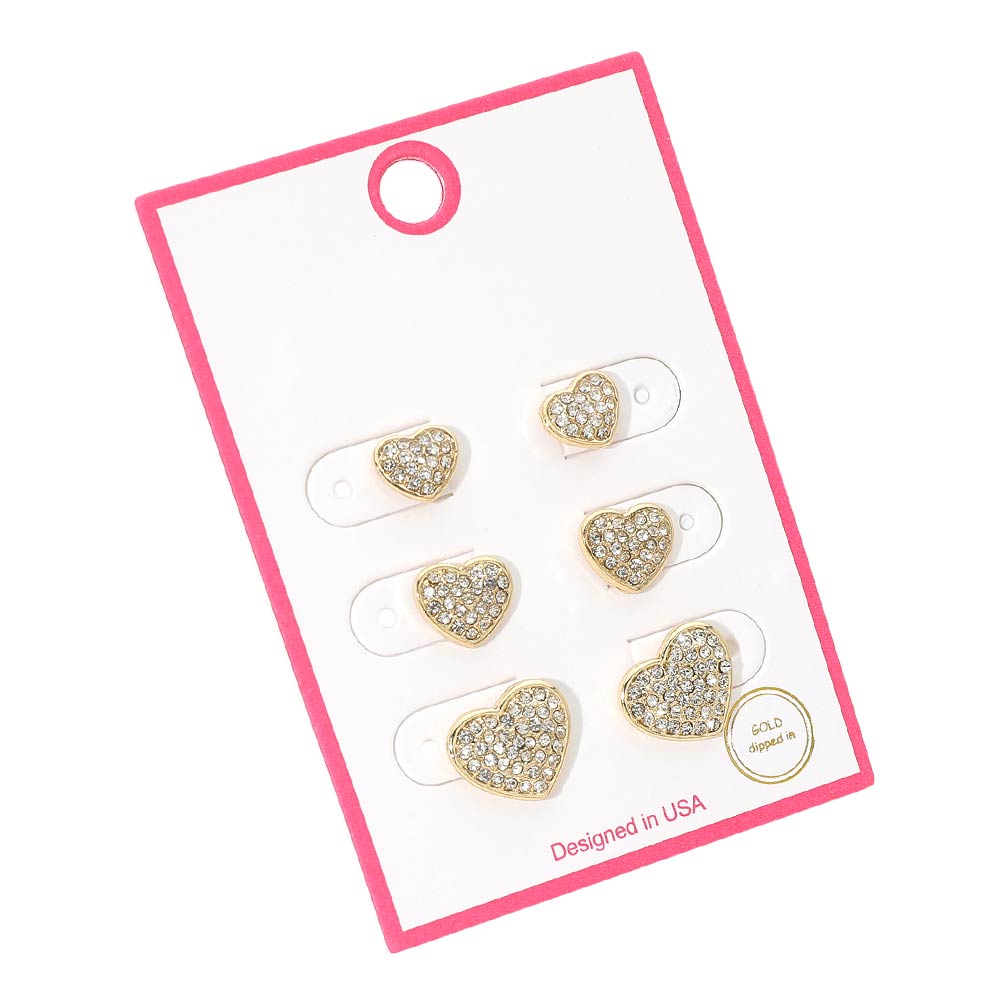 3Pairs - Gold Dipped Stone Pave Heart Stud Earring Set