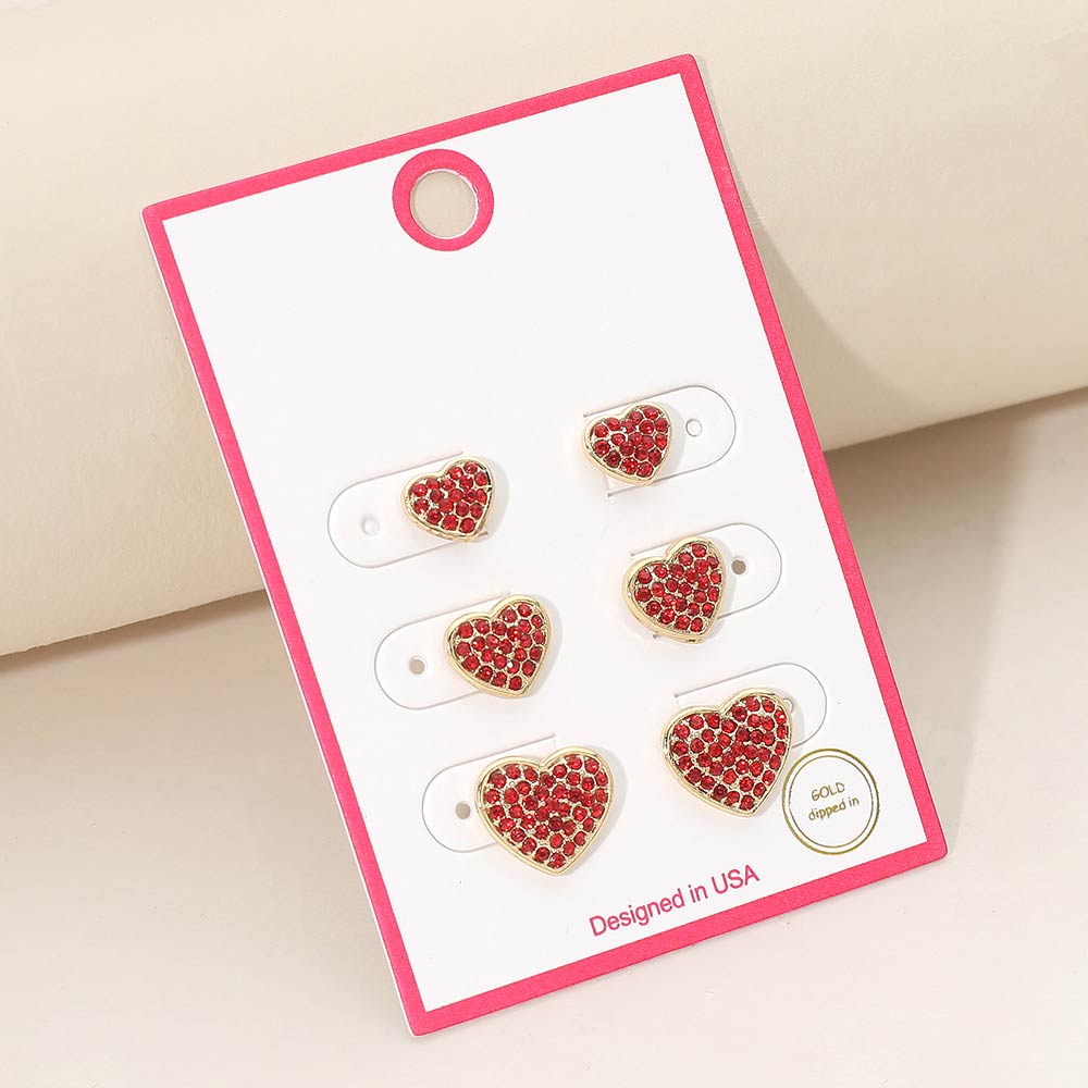 3Pairs - Gold Dipped Stone Pave Heart Stud Earring Set