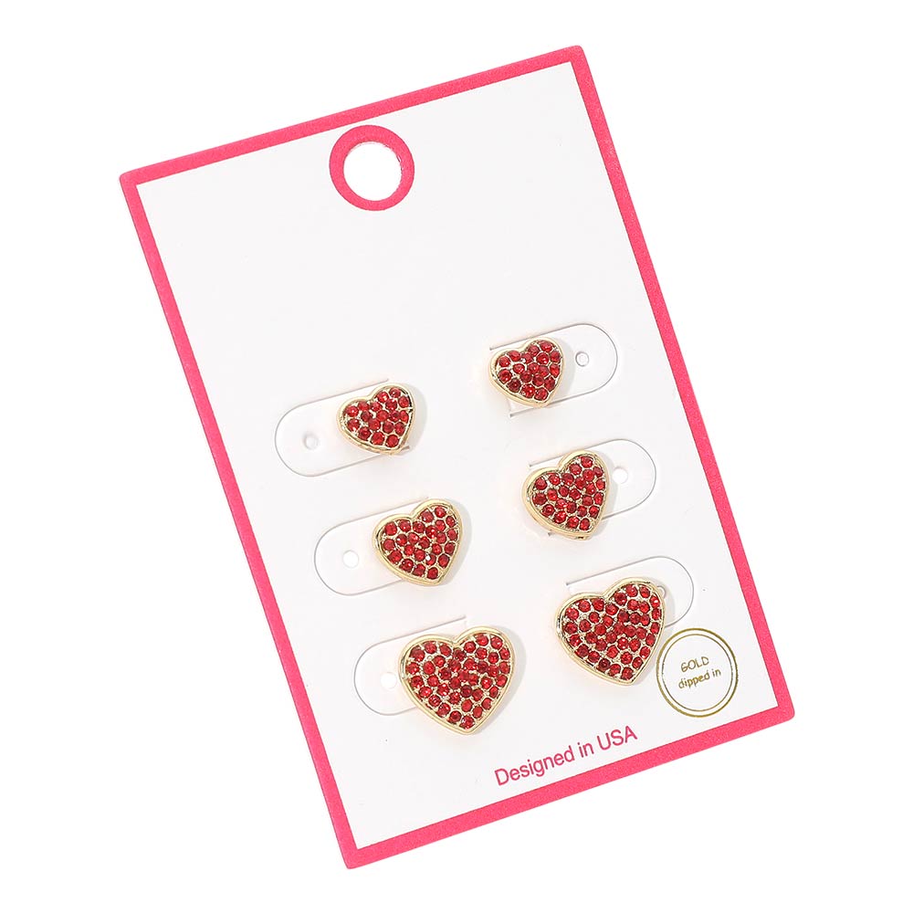 3Pairs - Gold Dipped Stone Pave Heart Stud Earring Set