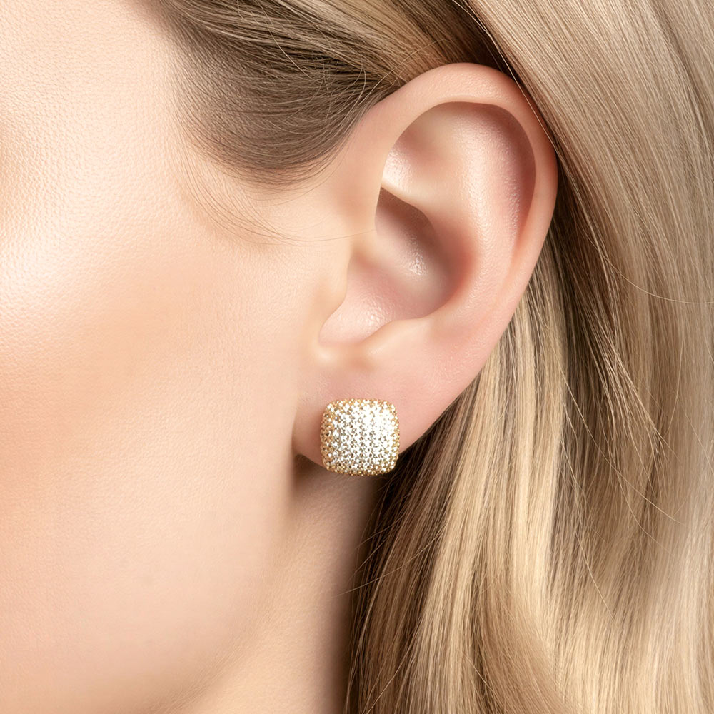 14k Gold Dipped CZ Pave Lux Square Stud Earrings