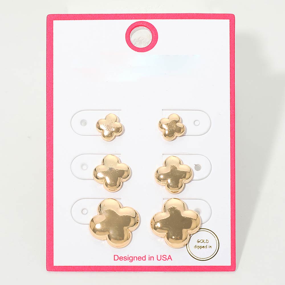 3Pairs - Gold Dipped Metal Quatrefoil Stud Earring Set