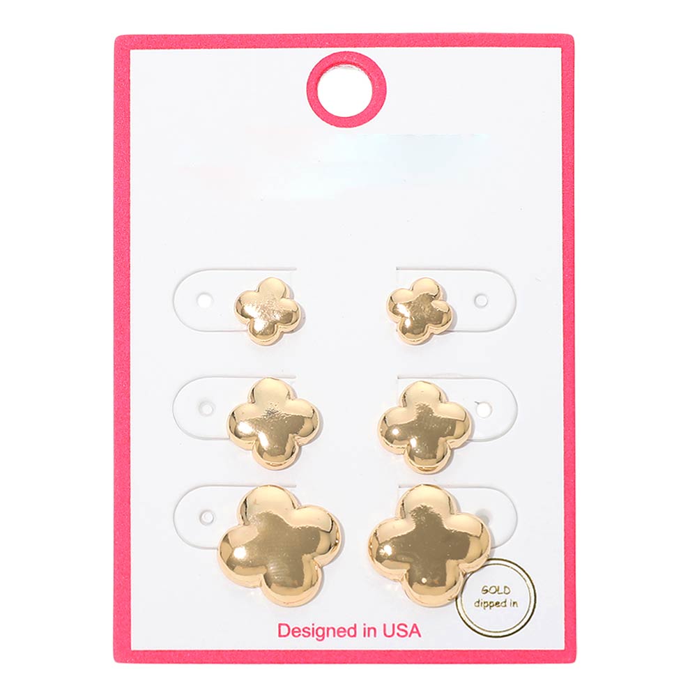 3Pairs - Gold Dipped Metal Quatrefoil Stud Earring Set