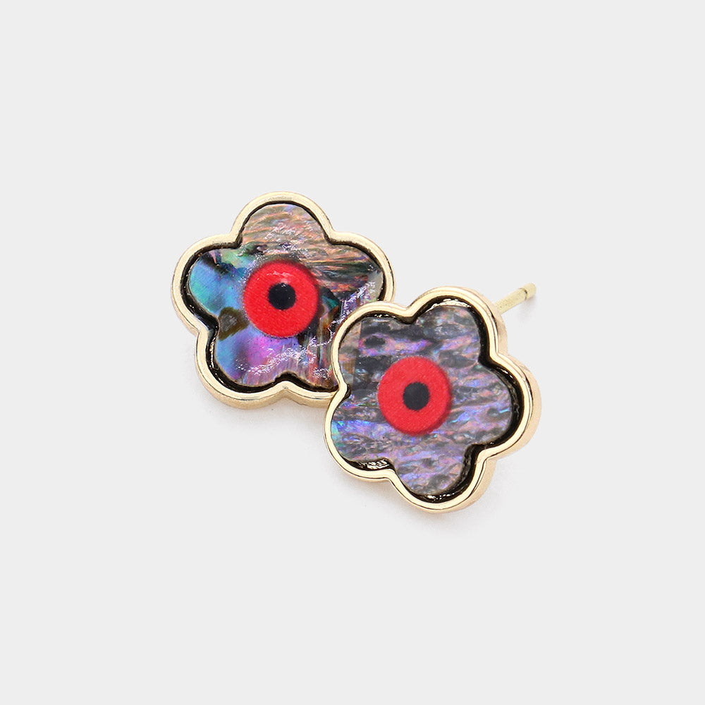 Brass Metal Trimmed Evil Eye Accented Abalone Flower Stud Earrings