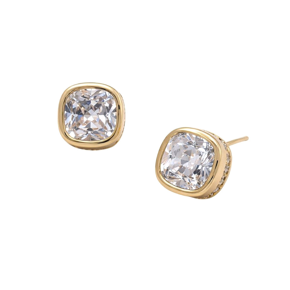 14K Gold Dipped Cushion Cut Elegance CZ Stud Earrings