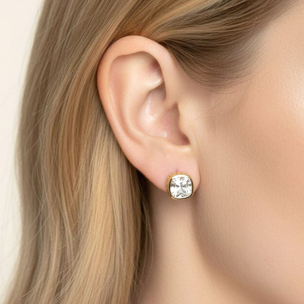 14K Gold Dipped Cushion Cut Elegance CZ Stud Earrings