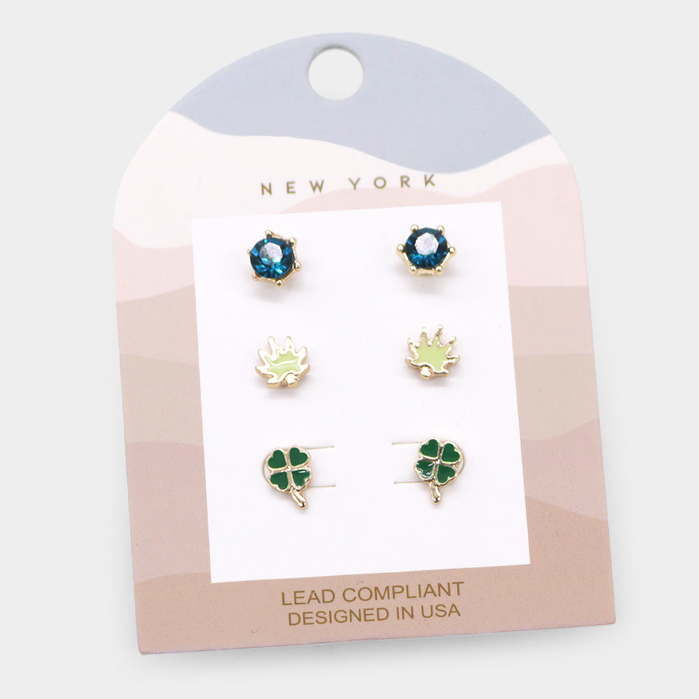 3Pairs - Round Stone Enamel Leaf Clover Stud Earrings