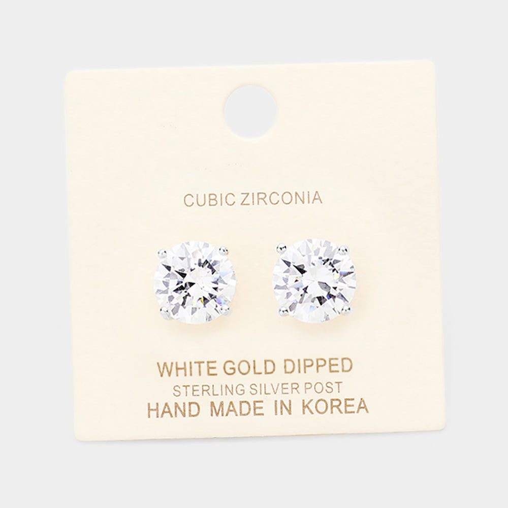 White Gold Dipped 11mm Cubic Zirconia Round Stud Earrings