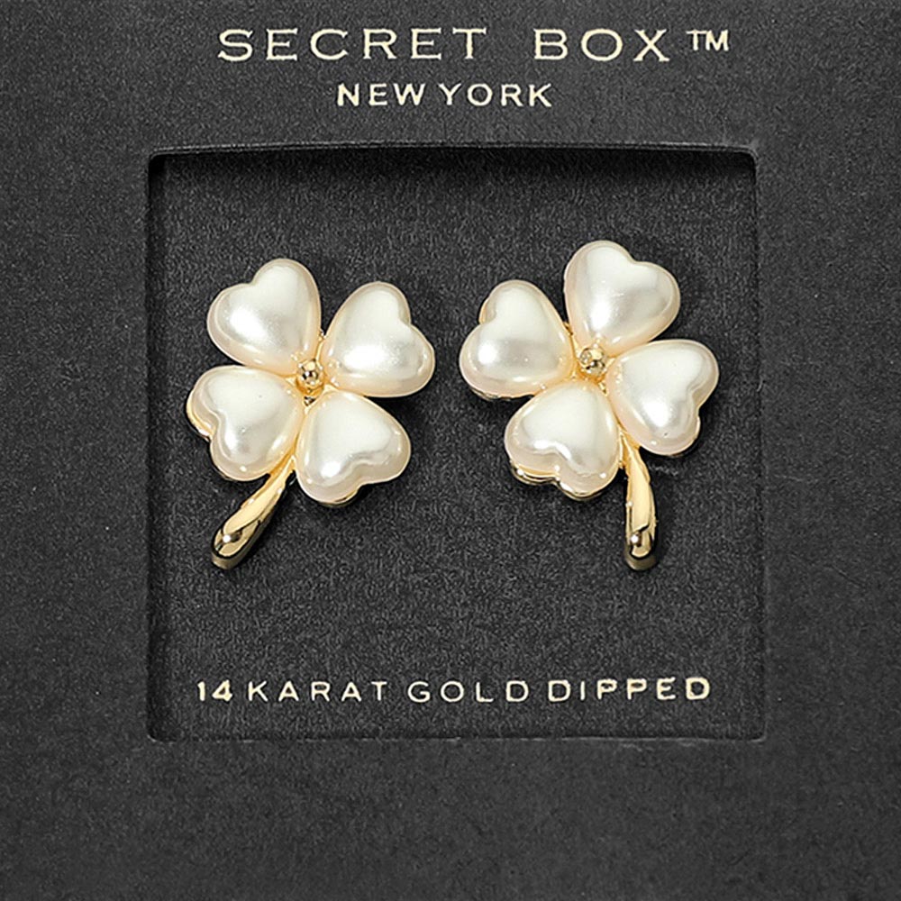 SECRET BOX_14K Gold Dipped Pearl Four Leaf Clover Stud Earrings