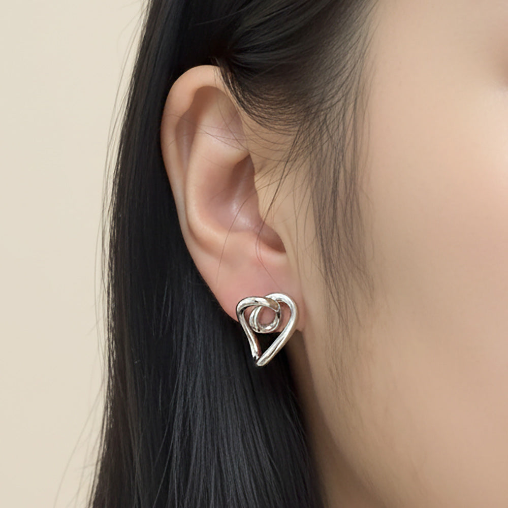 White Gold Dipped Heart Knot Stud Earrings
