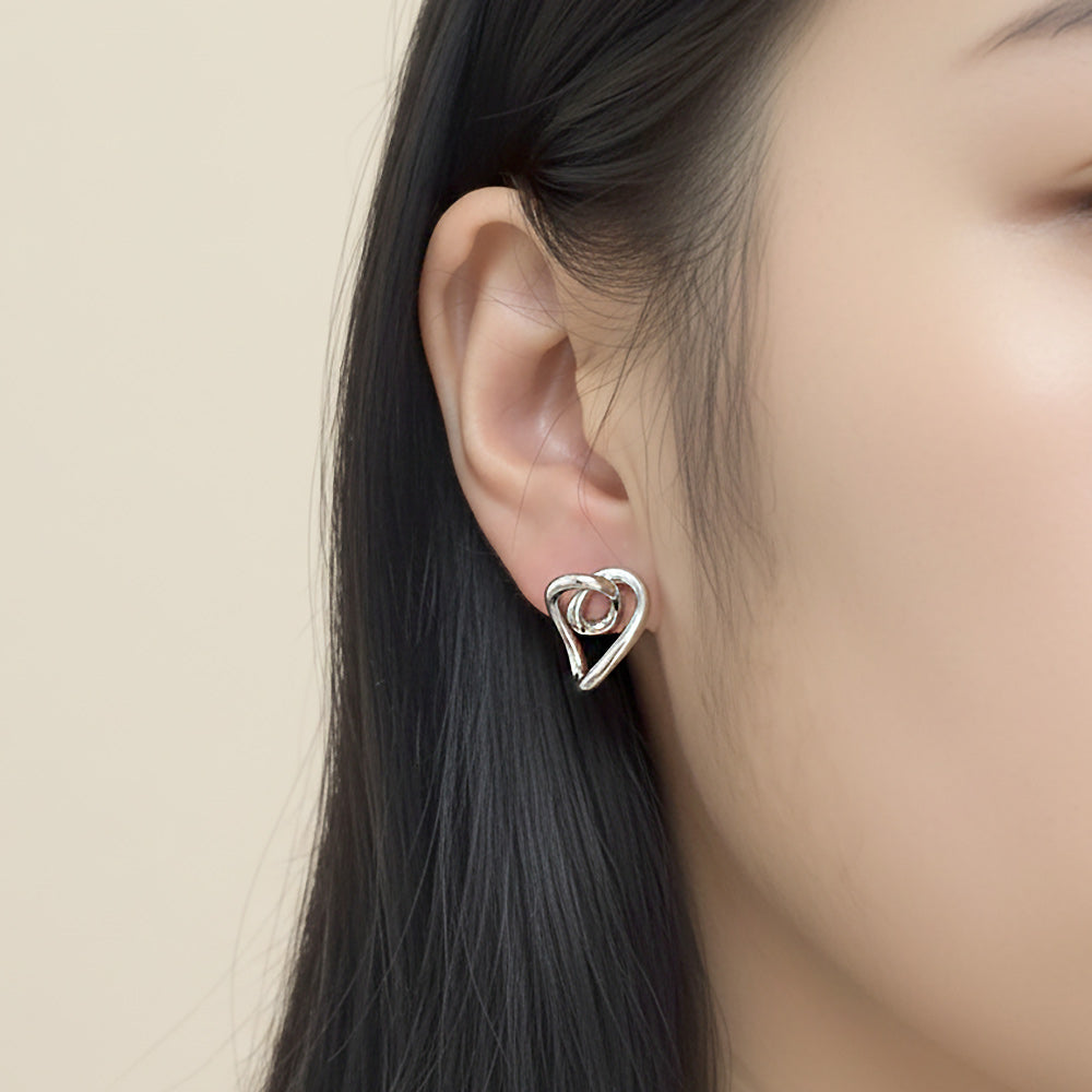 White Gold Dipped Heart Knot Stud Earrings