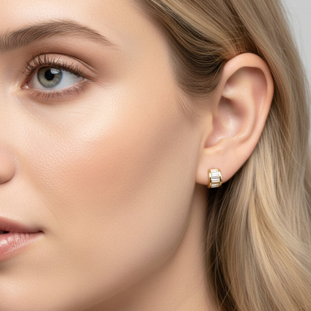 14K Gold Dipped Baguette CZ Inlay Mini Half Hoop Stud Earrings