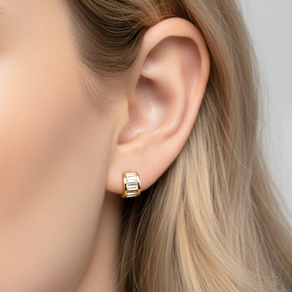 14K Gold Dipped Baguette CZ Inlay Mini Half Hoop Stud Earrings