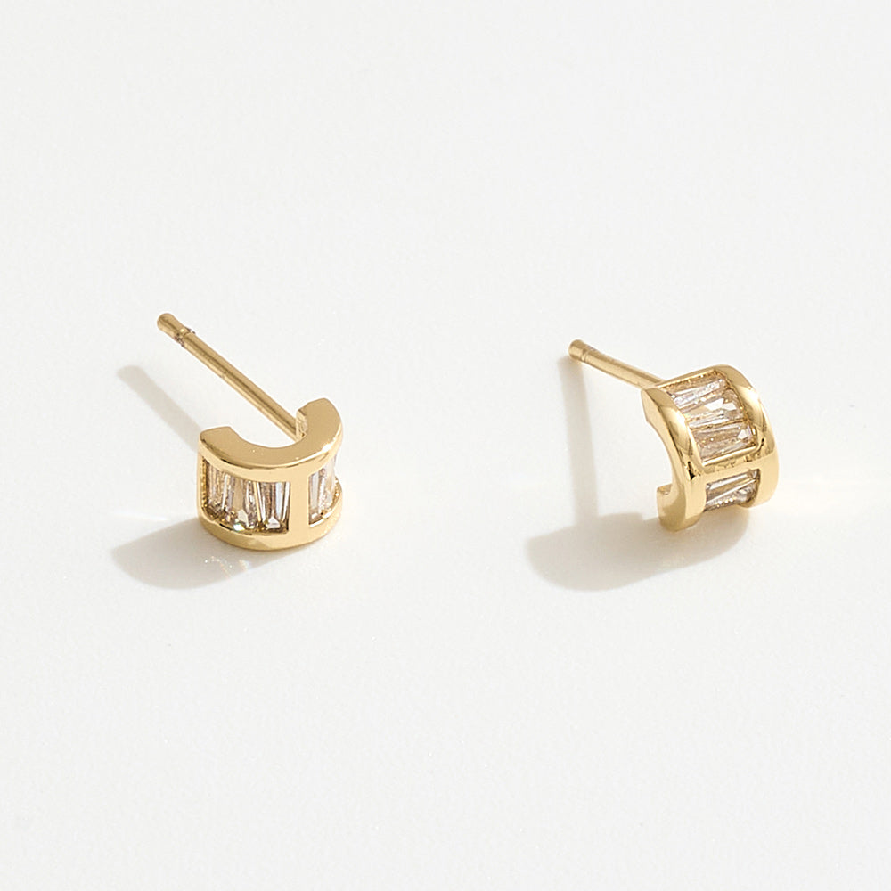 14K Gold Dipped Baguette CZ Inlay Mini Half Hoop Stud Earrings