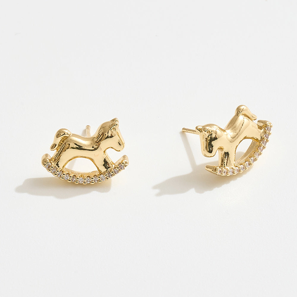 14K Gold Dipped CZ Pave Rocking Horse Stud Earrings